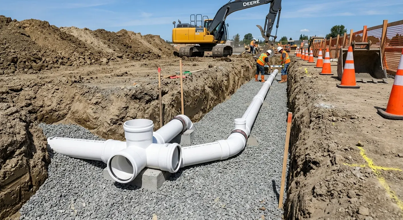 New PVC sewer pipe installation in open trench for Grease Trap Cleaning in Farmington
