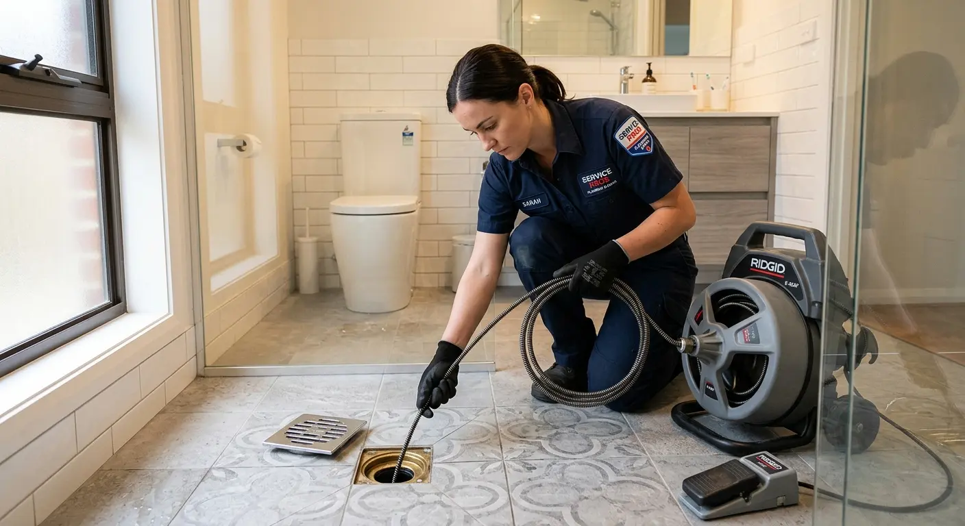 Technician clearing a bathroom floor drain for Drain Repair in Farmington
